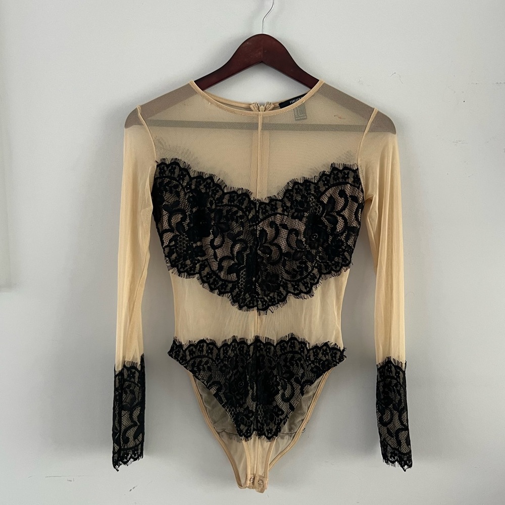 Forever 21 nude / black lace long sleeved bodysuit